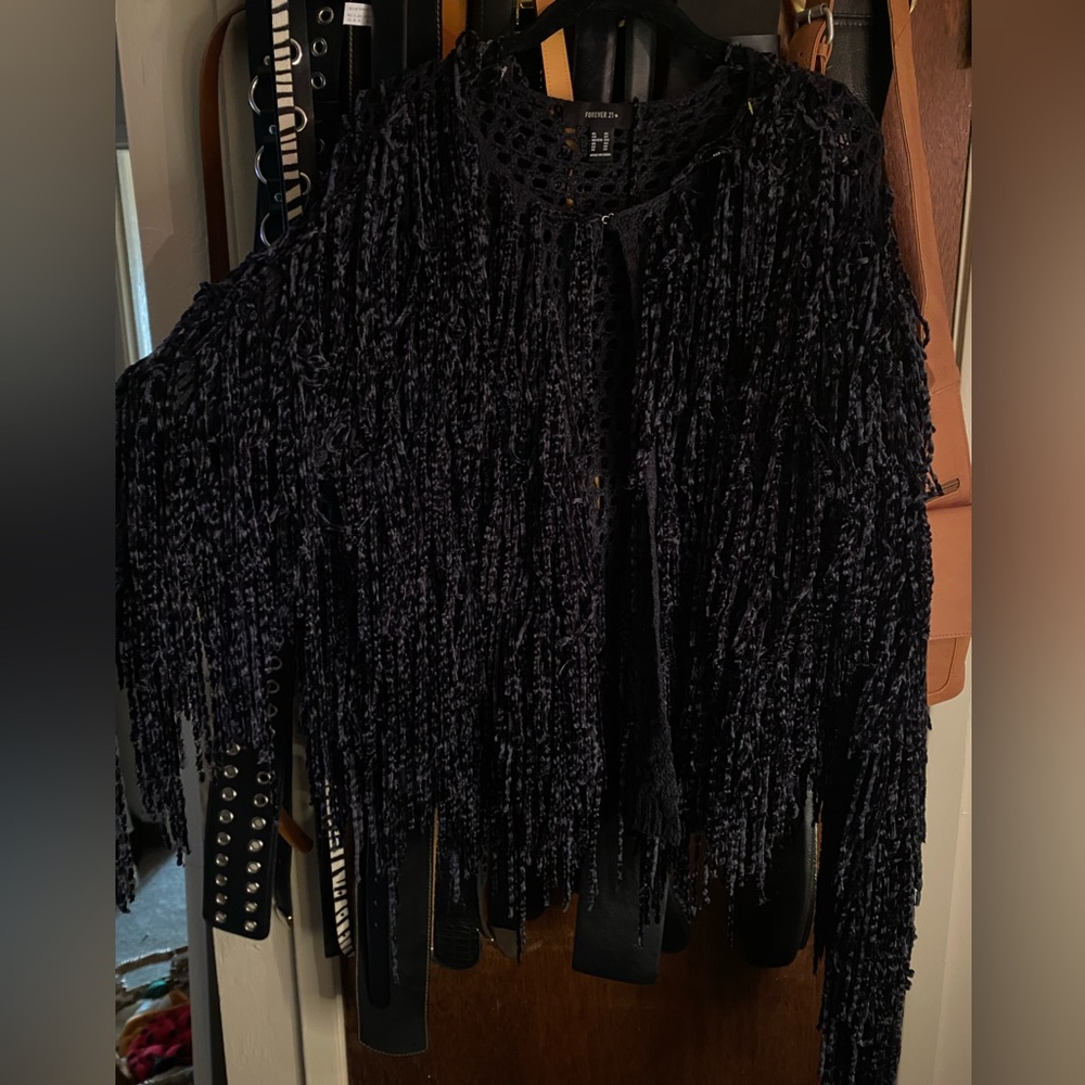 Black shag fringe crochet cardigan
